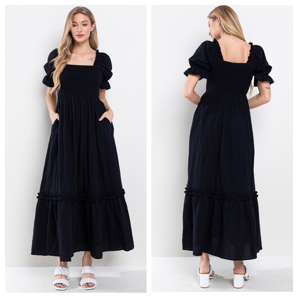 Boho Beautiful Linen Solid Smoking Detail Long Dress - Picture 3 of 5